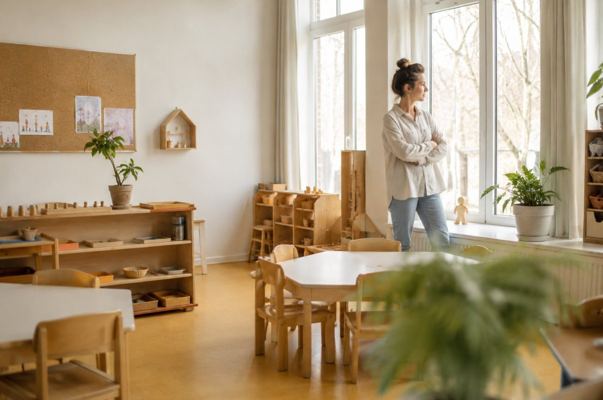 Leerkracht bij het raam in een rustige klas