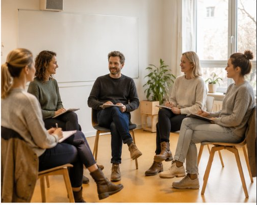 Groep professionals in een training